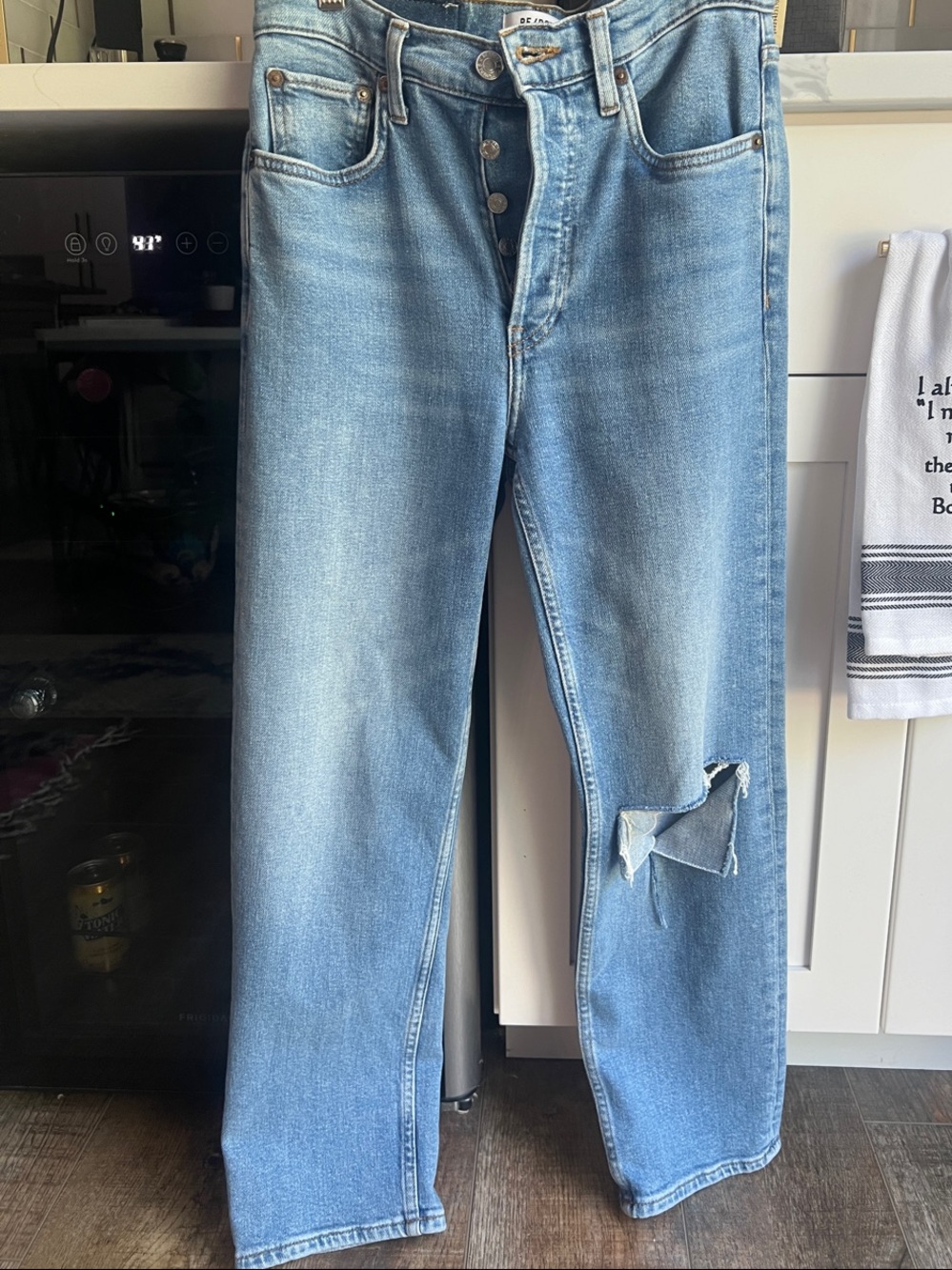 Re/Done Light Blue Straight Button-Fly Jeans with Knee Rip